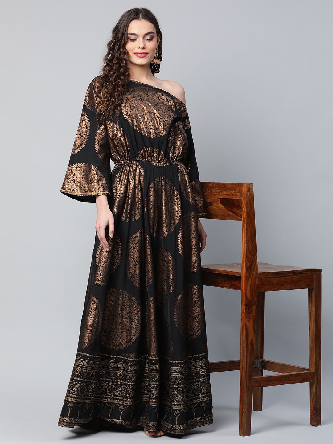 Black Crepe Copper Foil Printed Maxi Dress