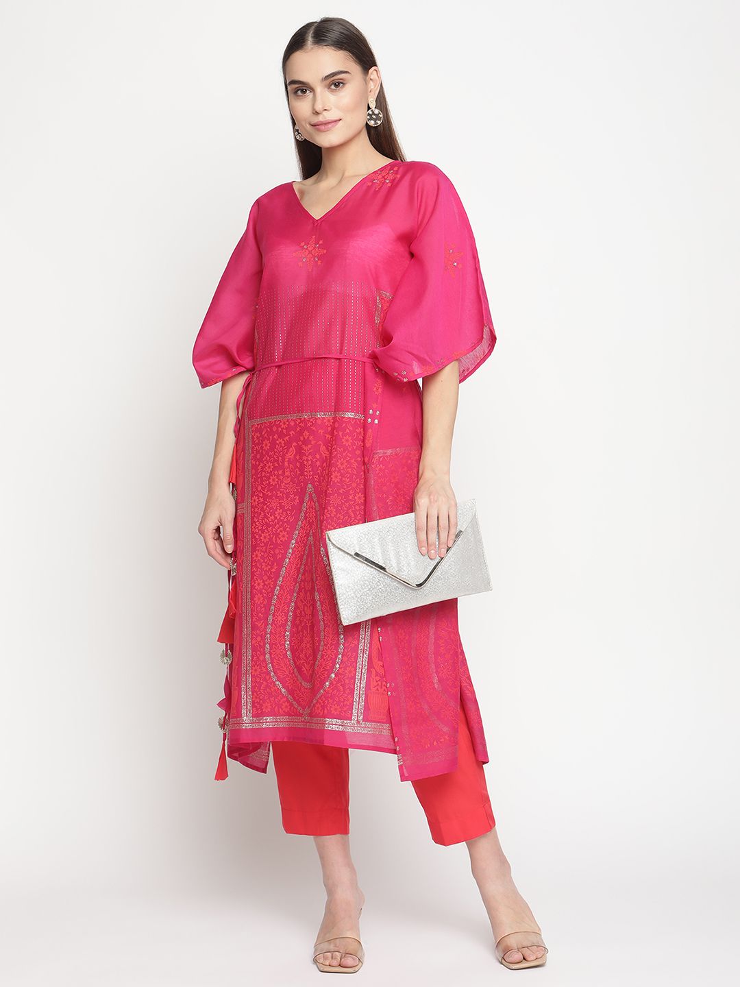 Pink Chanderi Khari Print Kaftan with Trouser