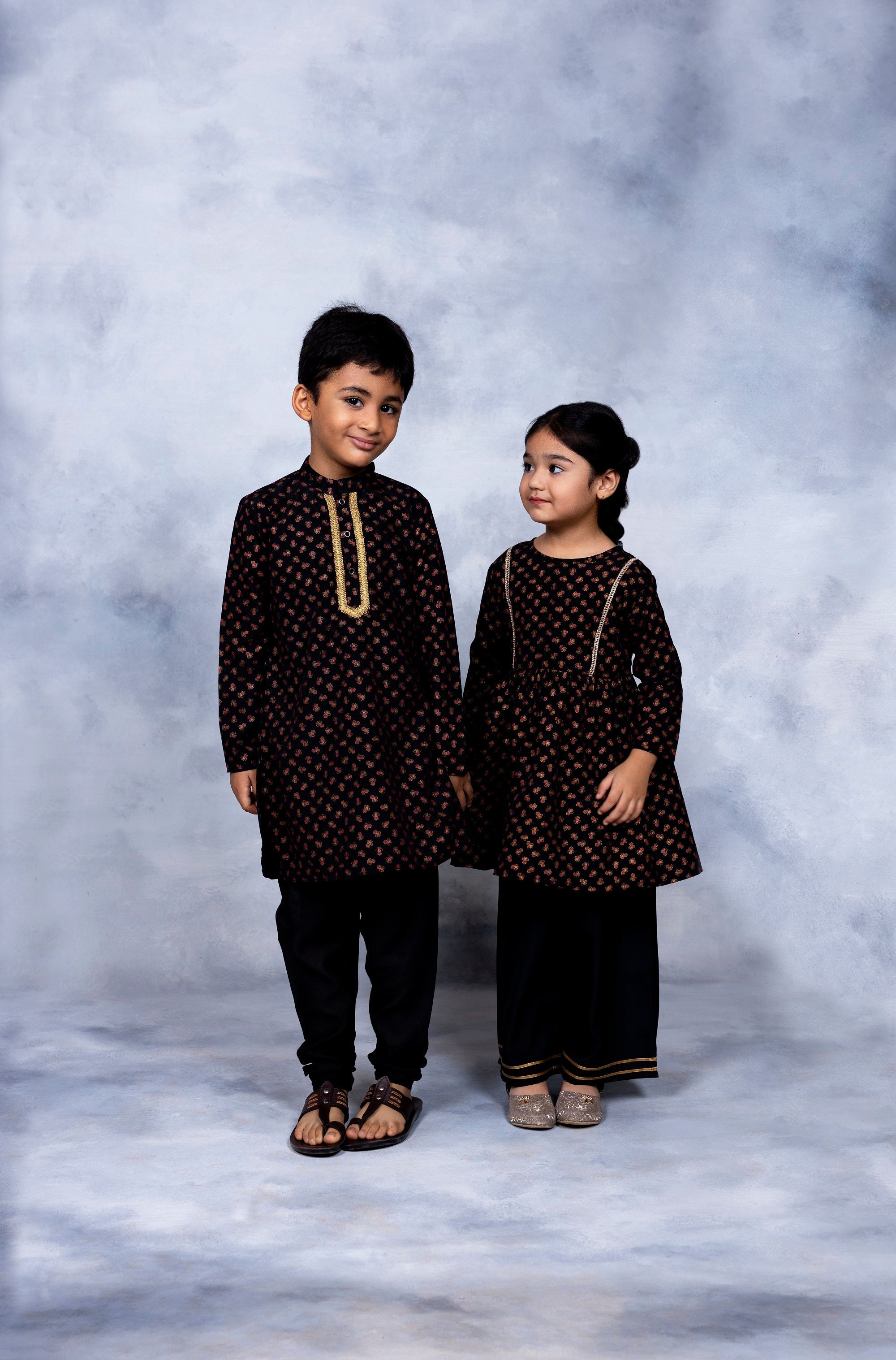 Boys Black Gold Pigment Print Kids Kurta Churidar Set