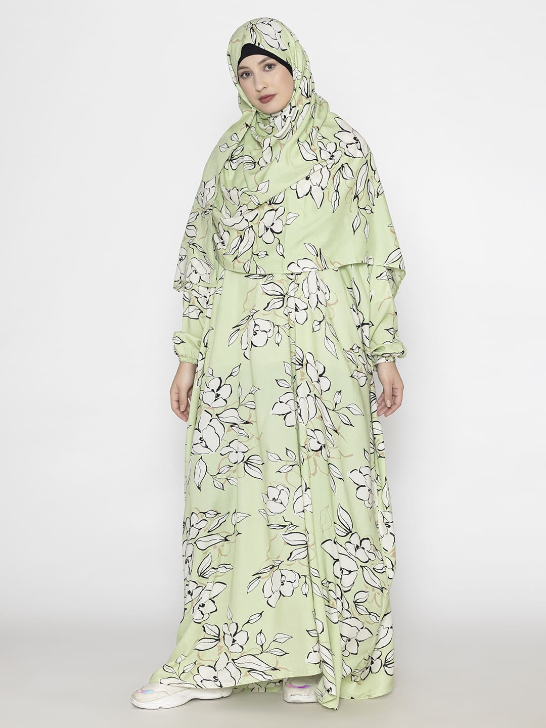 Leaf Print Prayer Gown Green White