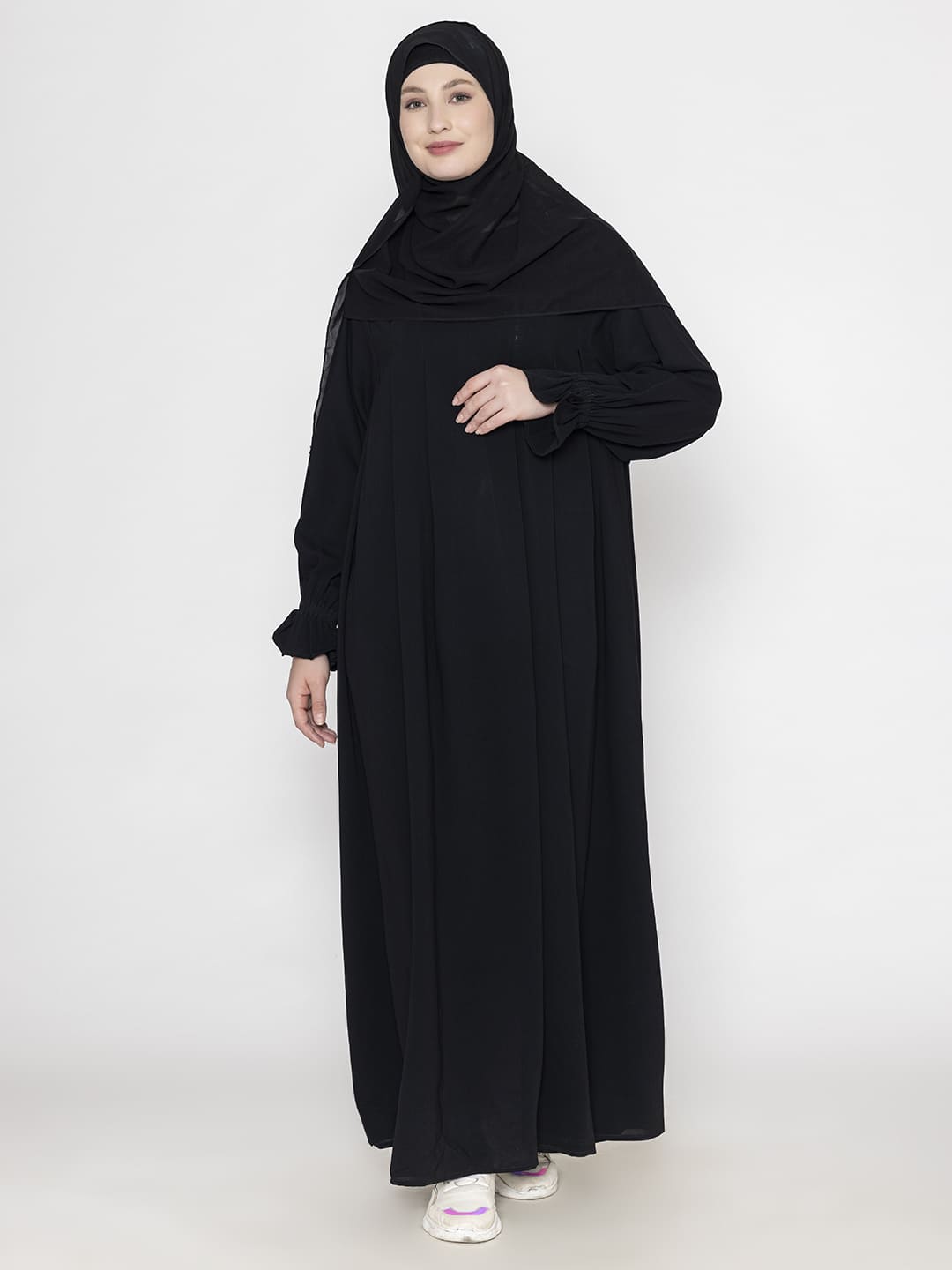 Front Pleated Abaya With Elasticated Sleeves & Scarf Black