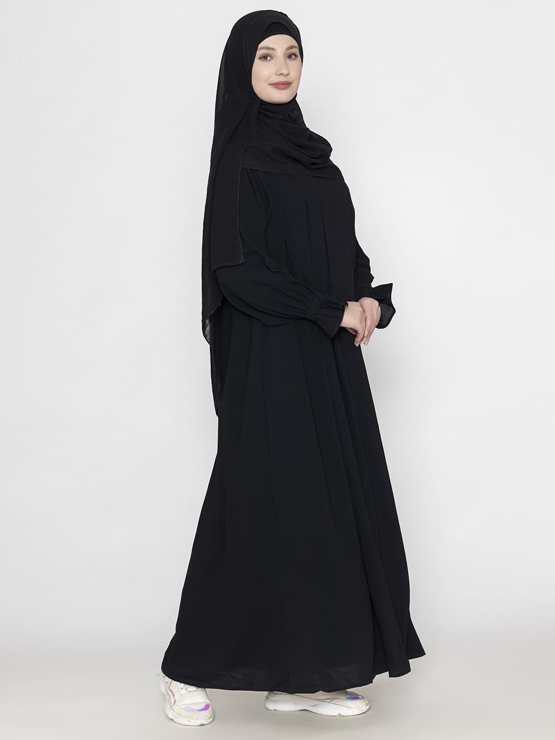 Front Pleated Abaya With Elasticated Sleeves & Scarf Black