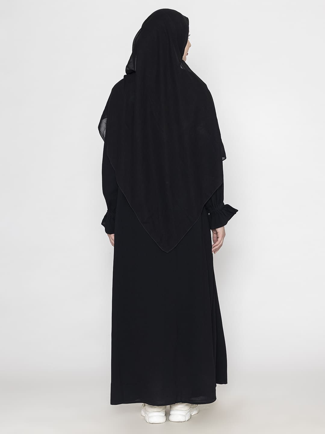 Front Pleated Abaya With Elasticated Sleeves & Scarf Black