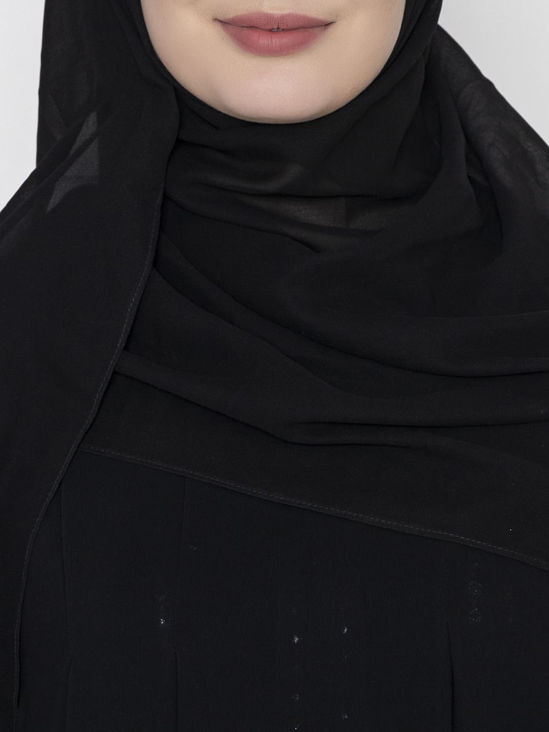 Front Pleated Abaya With Elasticated Sleeves & Scarf Black