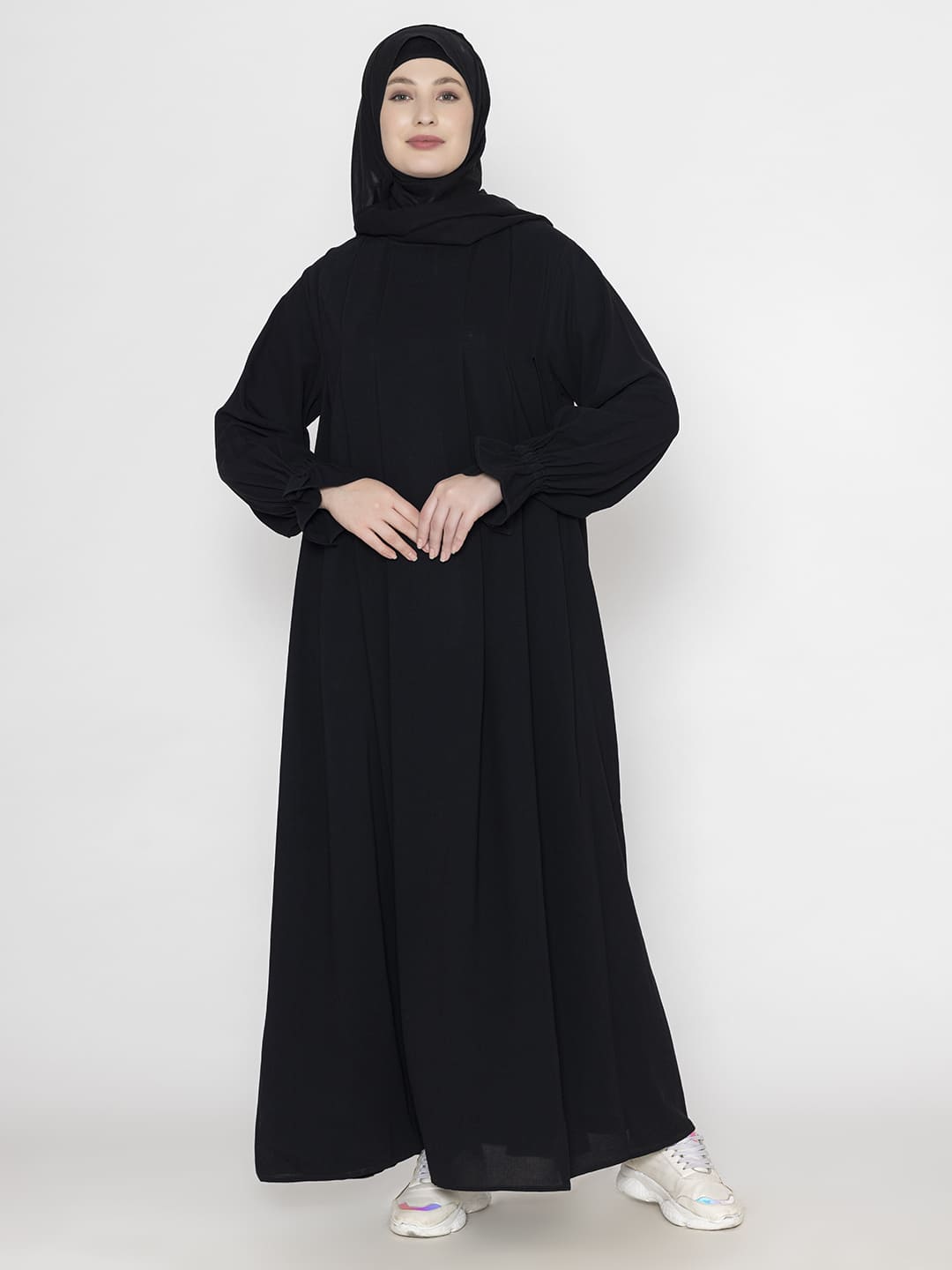 Front Pleated Abaya With Elasticated Sleeves & Scarf Black