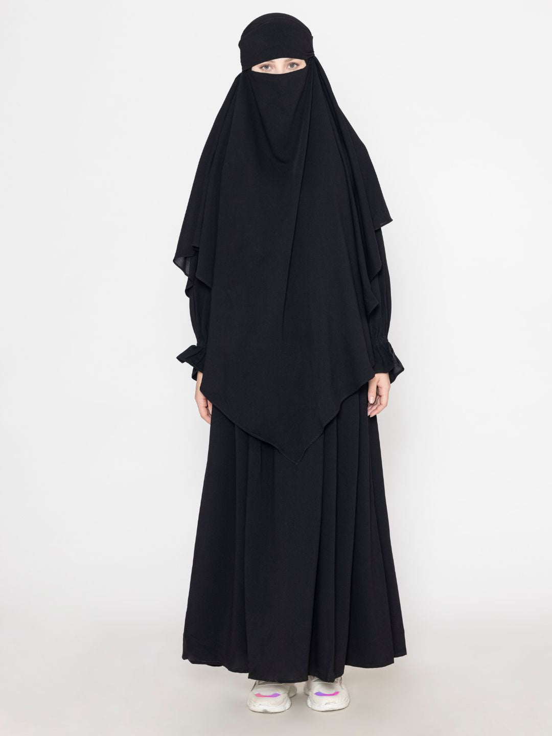 Front Pleated Abaya With Elasticated Sleeves & Khimar Black