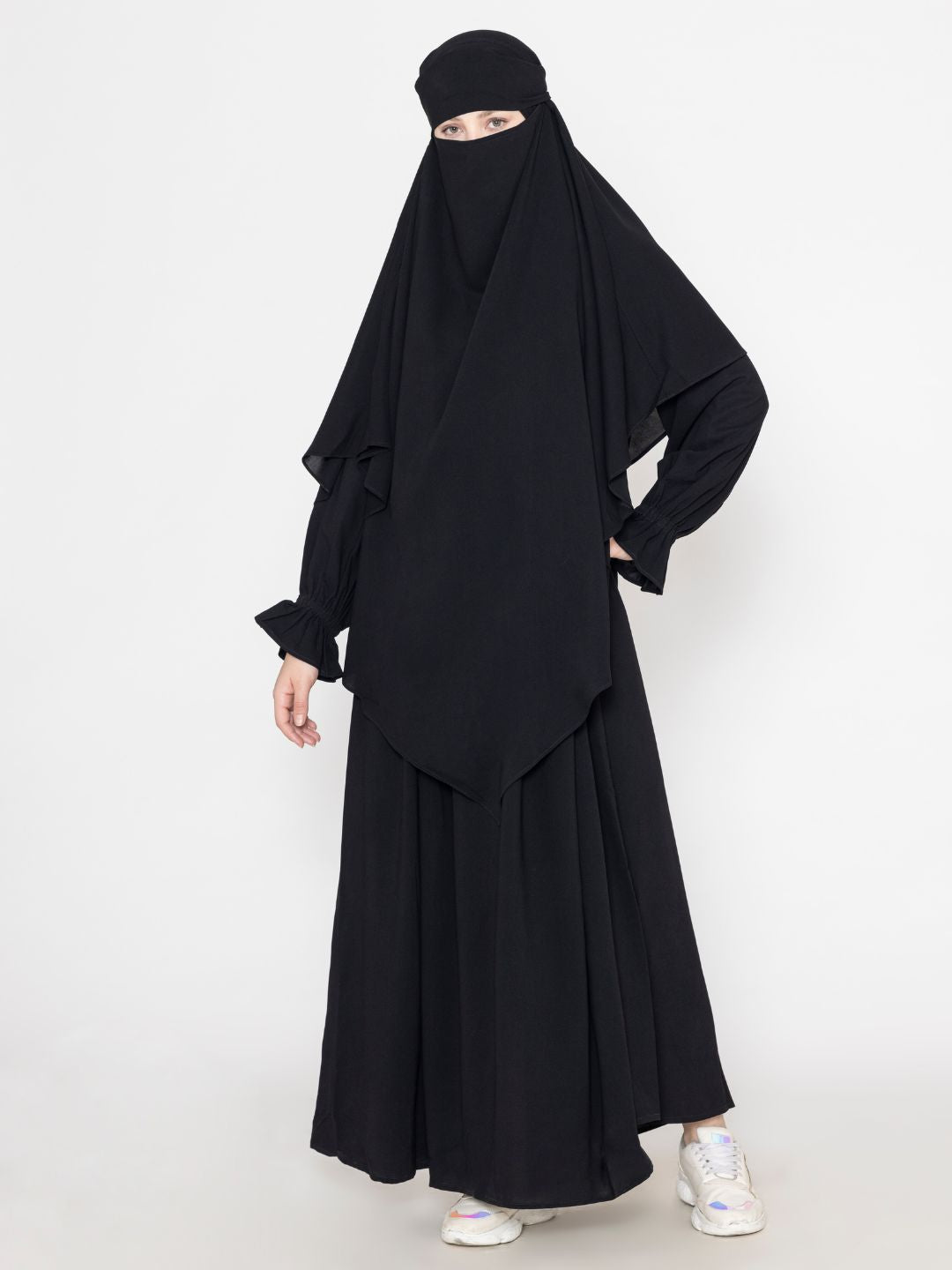 Front Pleated Abaya With Elasticated Sleeves & Khimar Black