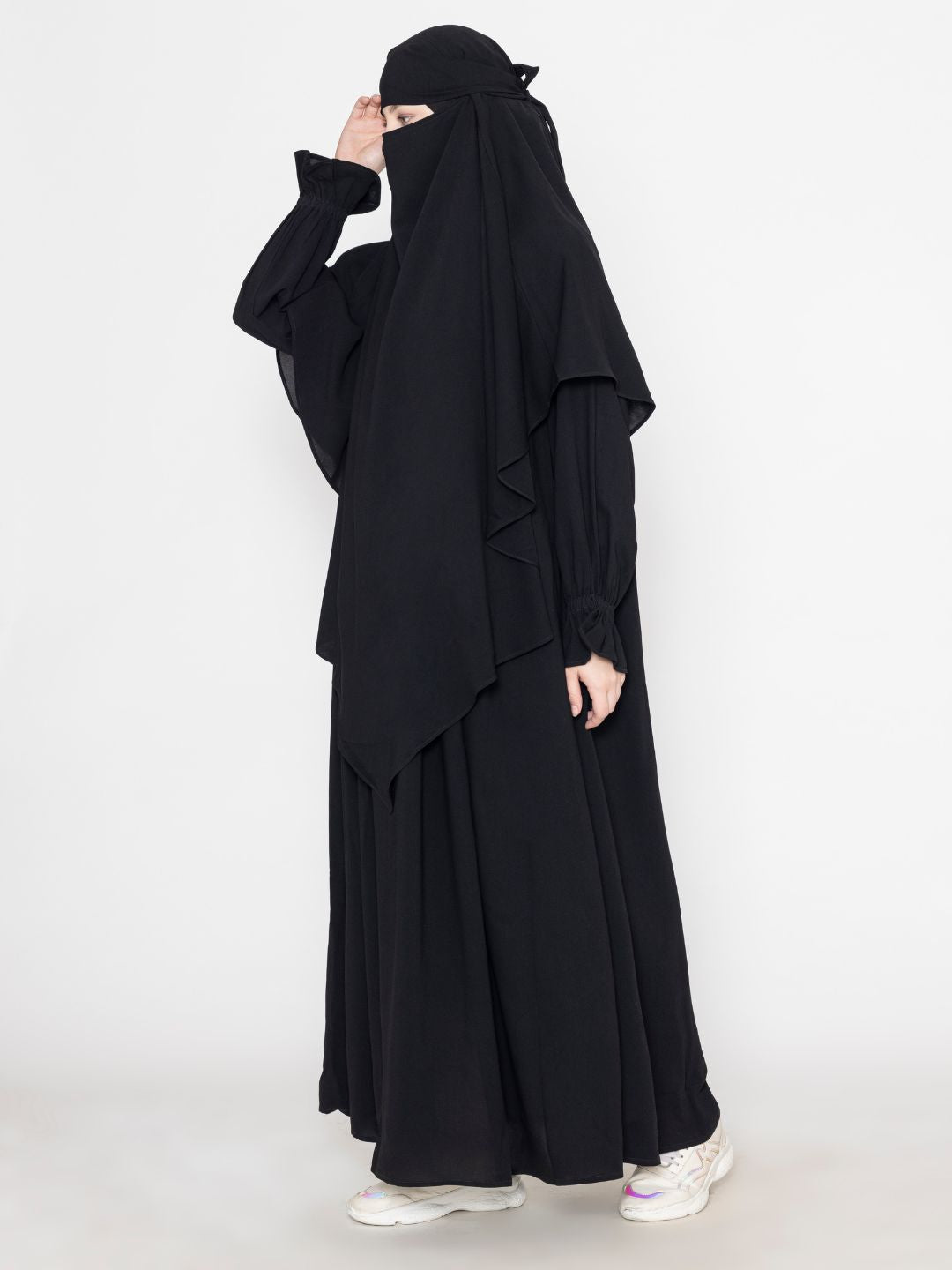 Front Pleated Abaya With Elasticated Sleeves & Khimar Black