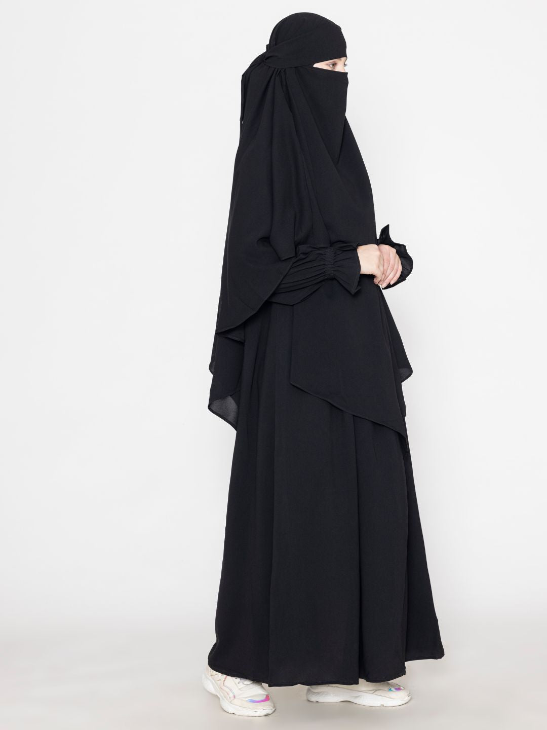 Front Pleated Abaya With Elasticated Sleeves & Khimar Black