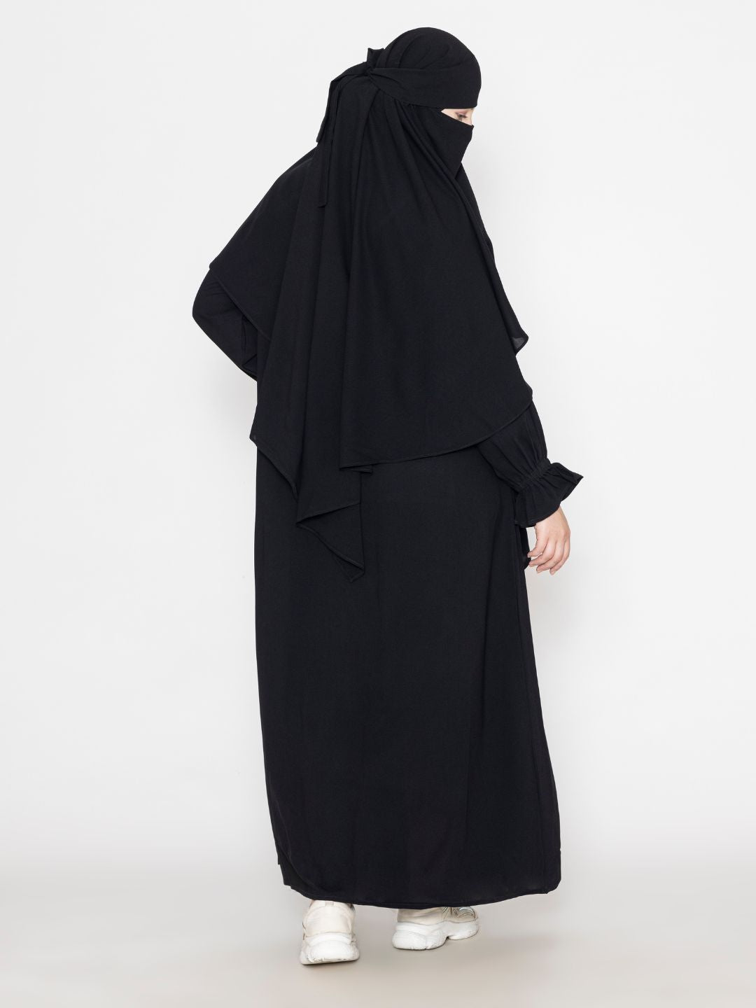 Front Pleated Abaya With Elasticated Sleeves & Khimar Black