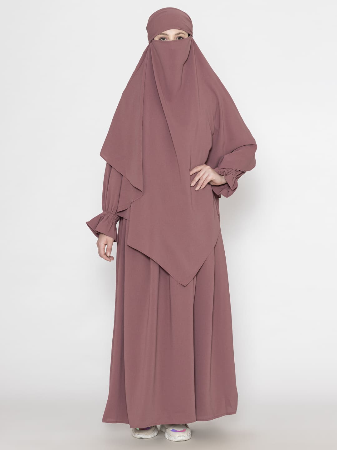 Front Pleated Abaya With Elasticated Sleeves & Khimar Mauve