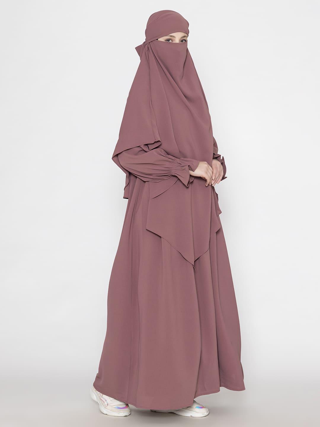 Front Pleated Abaya With Elasticated Sleeves & Khimar Mauve