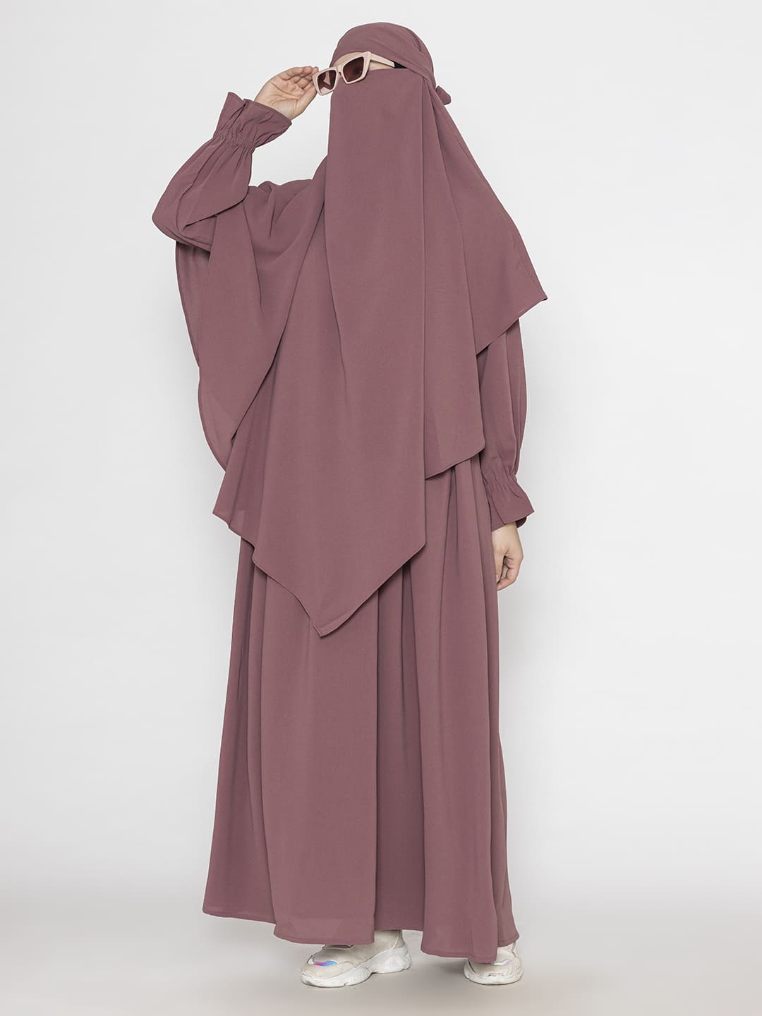 Front Pleated Abaya With Elasticated Sleeves & Khimar Mauve