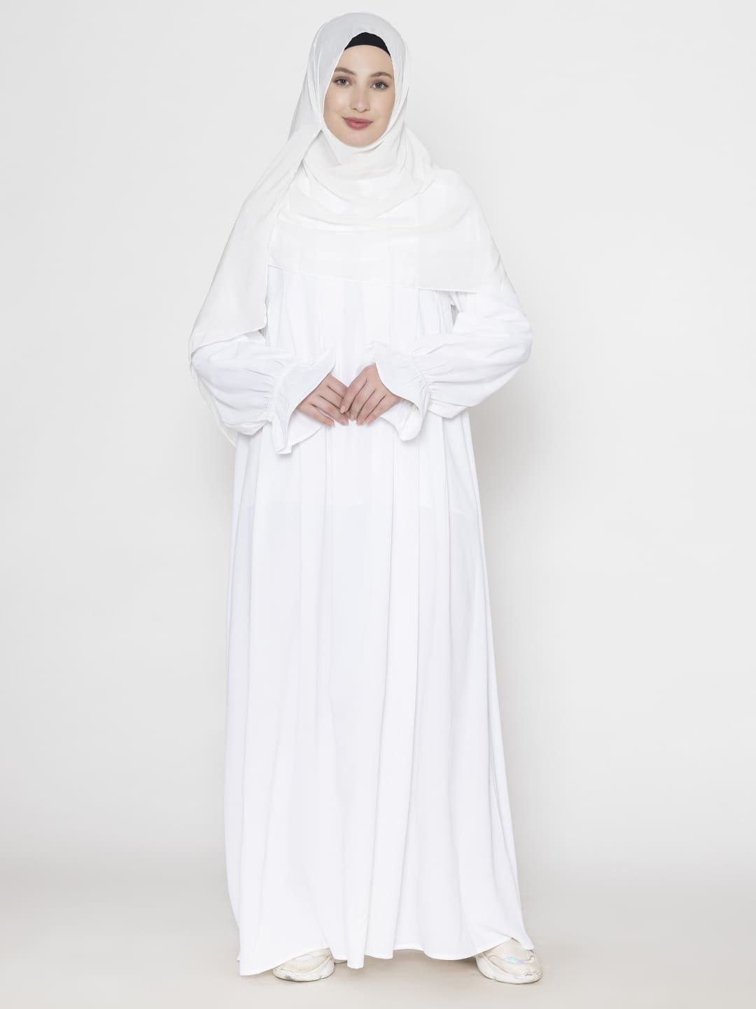 Pleated Abaya With Elasticated Sleeves & Hijab Scarf White