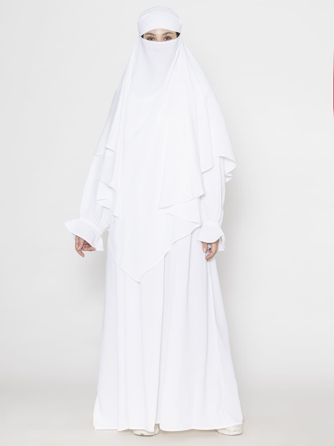 Front Pleated Abaya With Elasticated Sleeves & Khimar White