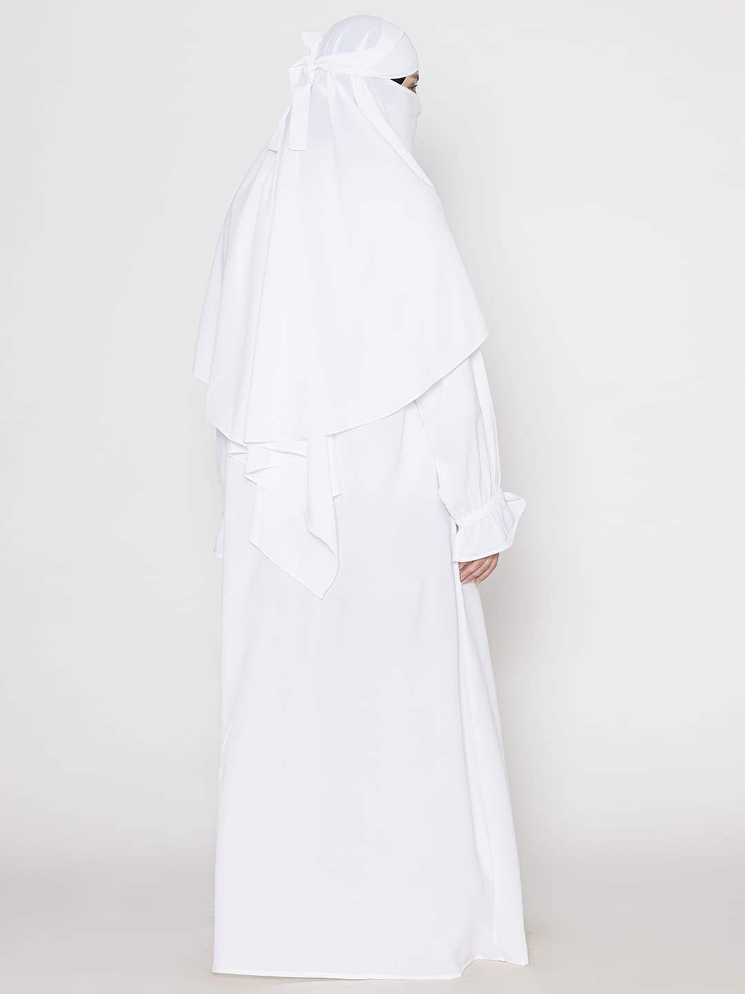 Front Pleated Abaya With Elasticated Sleeves & Khimar White