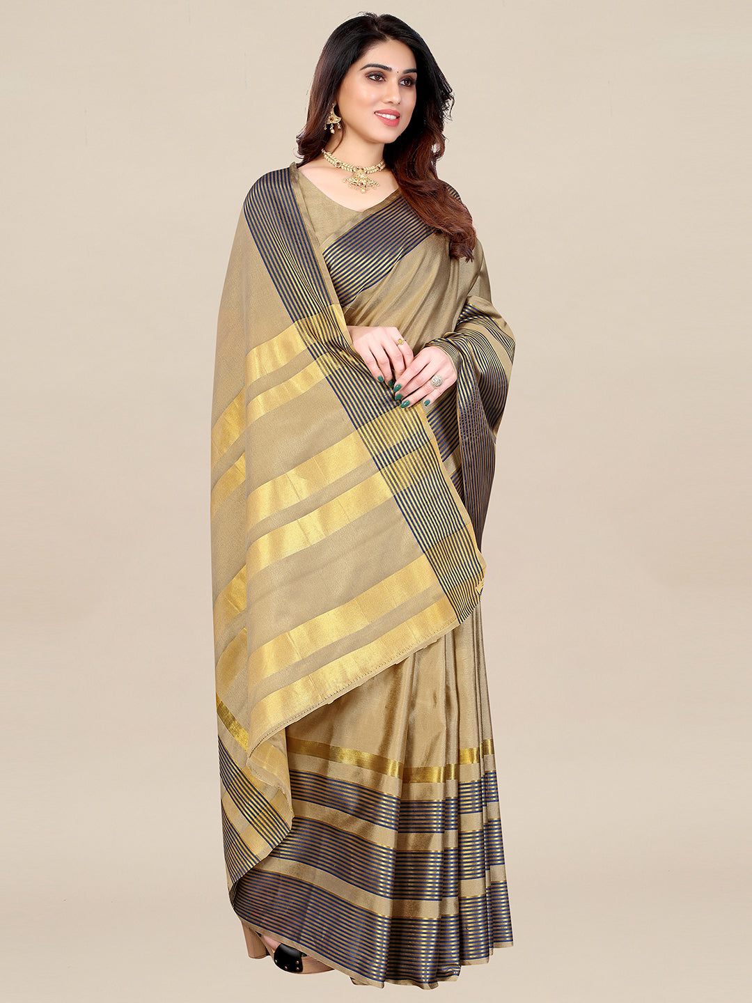 Aura Silk Beige Printed Designer Saree With Blouse