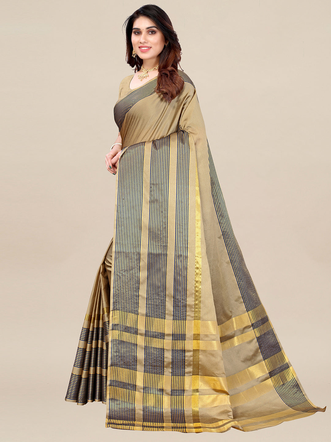 Aura Silk Beige Printed Designer Saree With Blouse