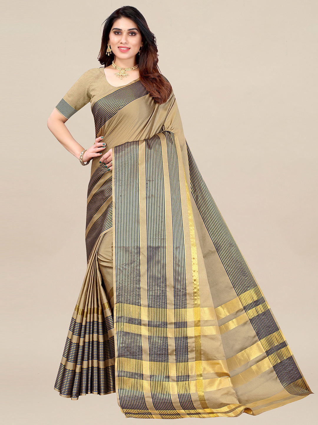 Aura Silk Beige Printed Designer Saree With Blouse