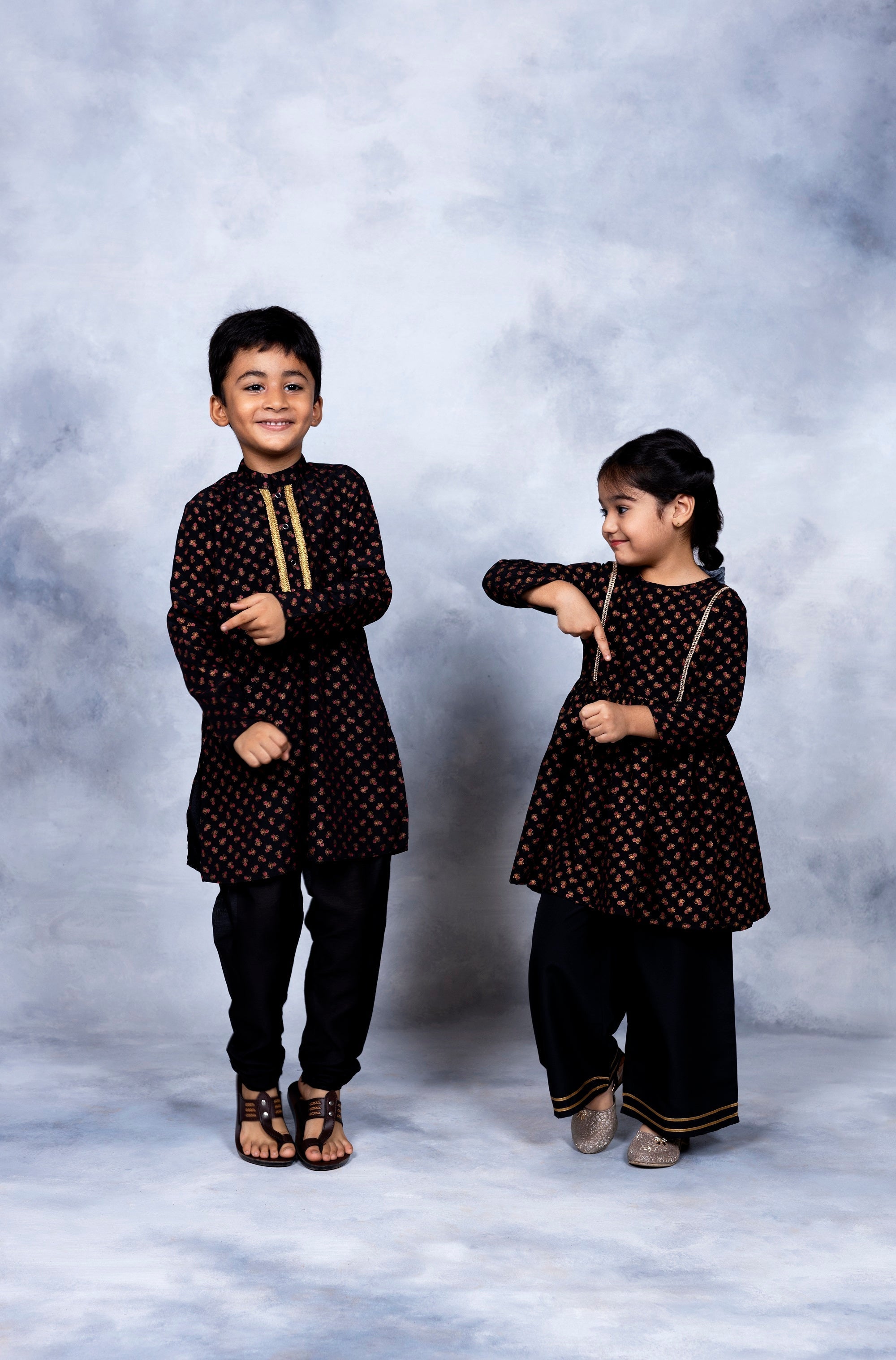 Boys Black Gold Pigment Print Kids Kurta Churidar Set