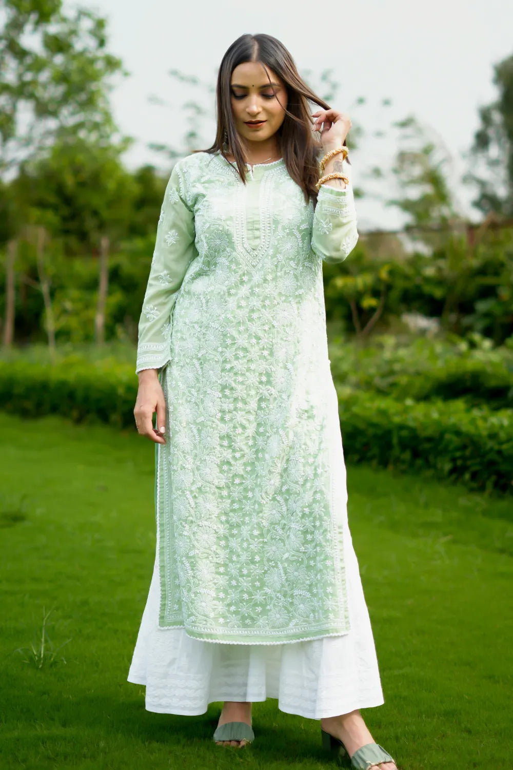 Green Chikankari Mul Cotton Designer Kurta