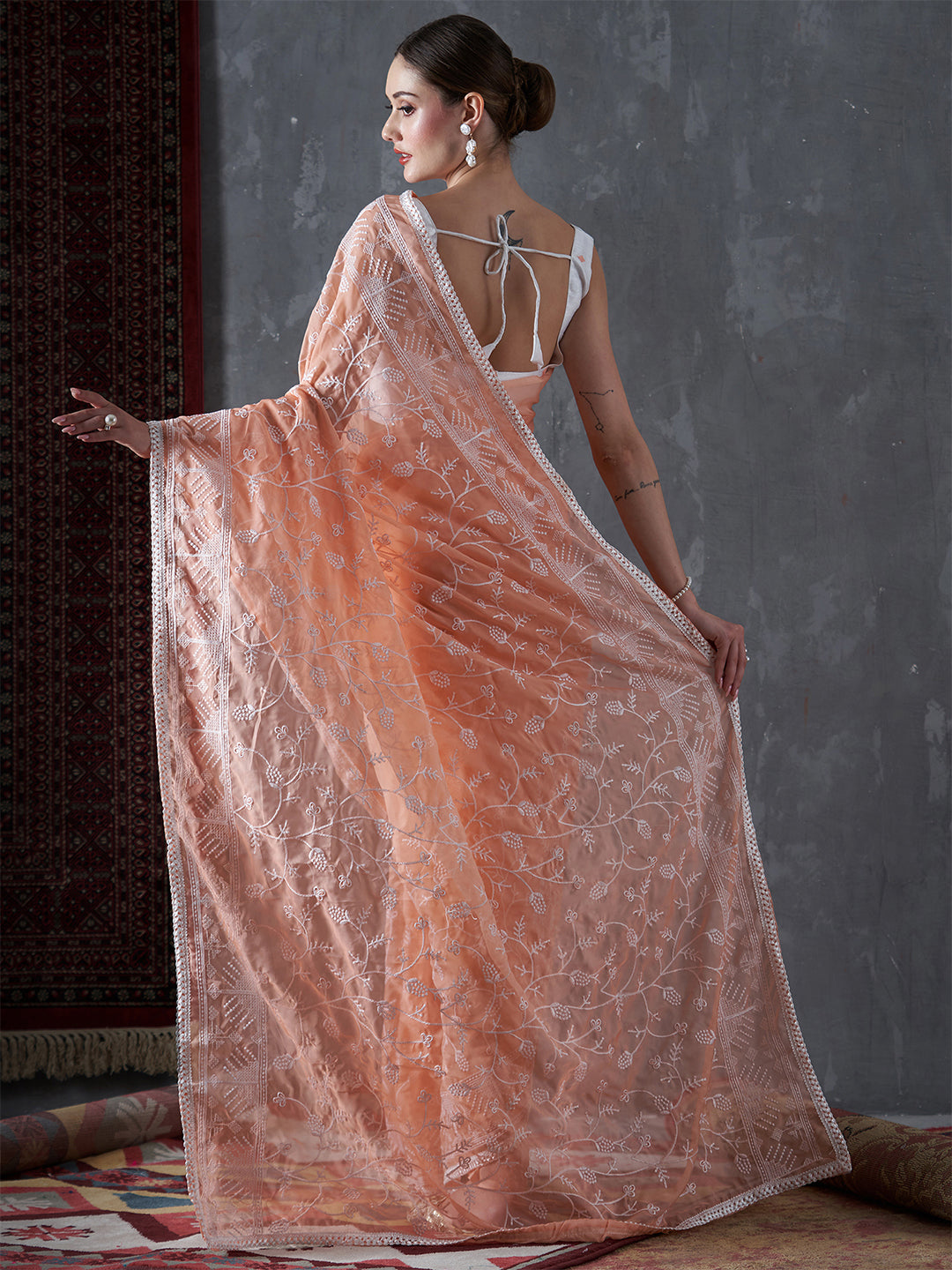 Organza Peach Embellished Designer Saree With Blouse