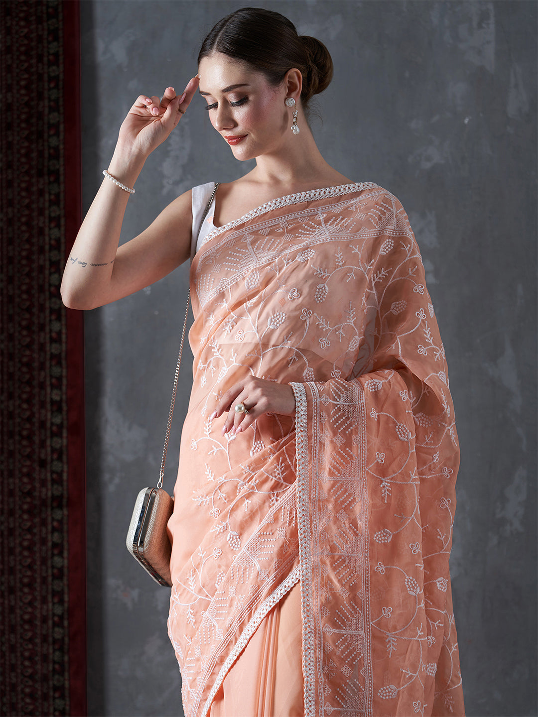 Organza Peach Embellished Designer Saree With Blouse