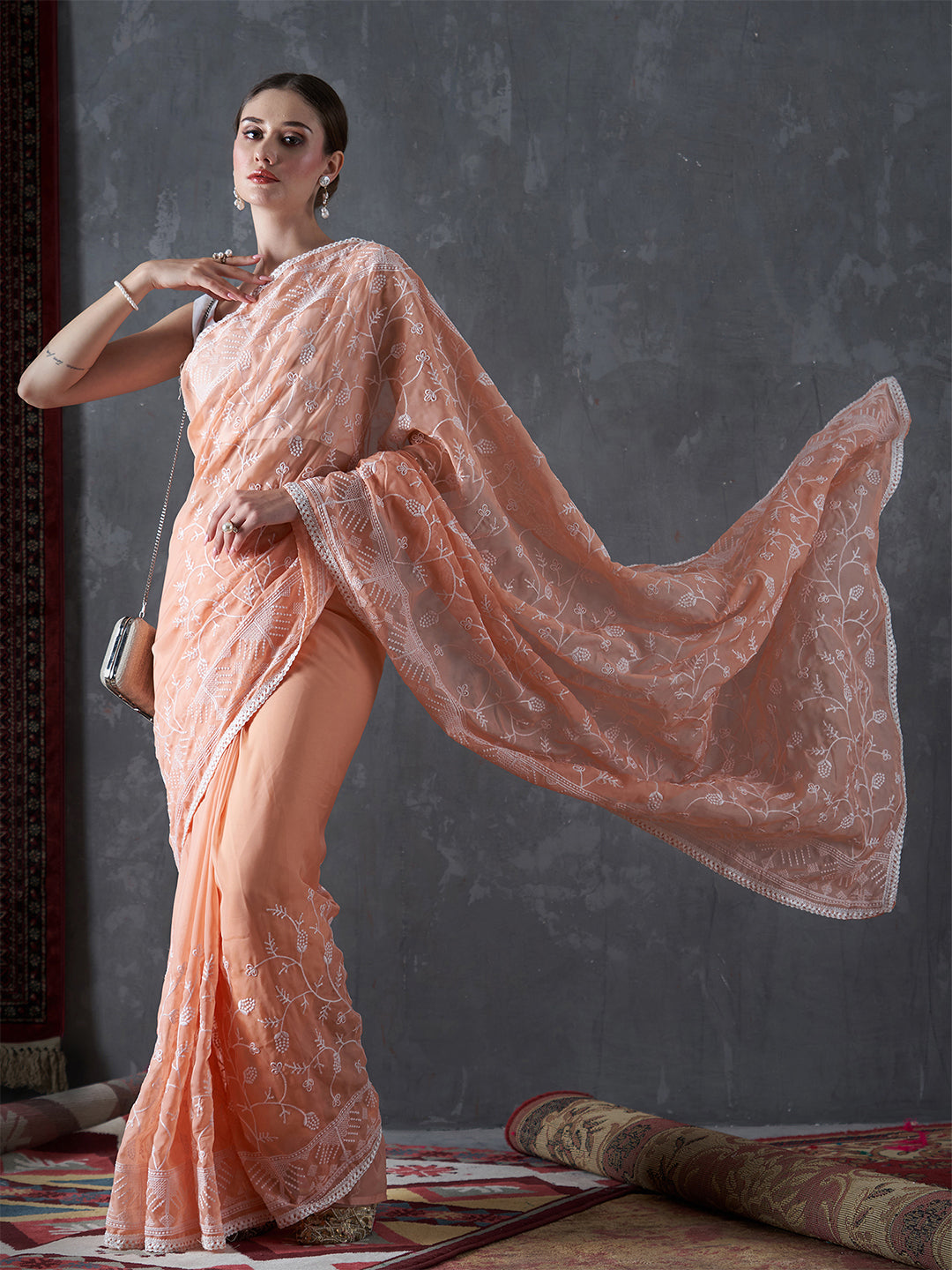 Organza Peach Embellished Designer Saree With Blouse