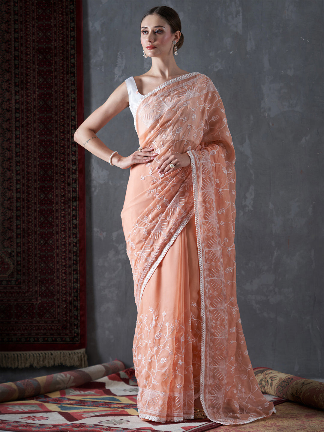 Organza Peach Embellished Designer Saree With Blouse