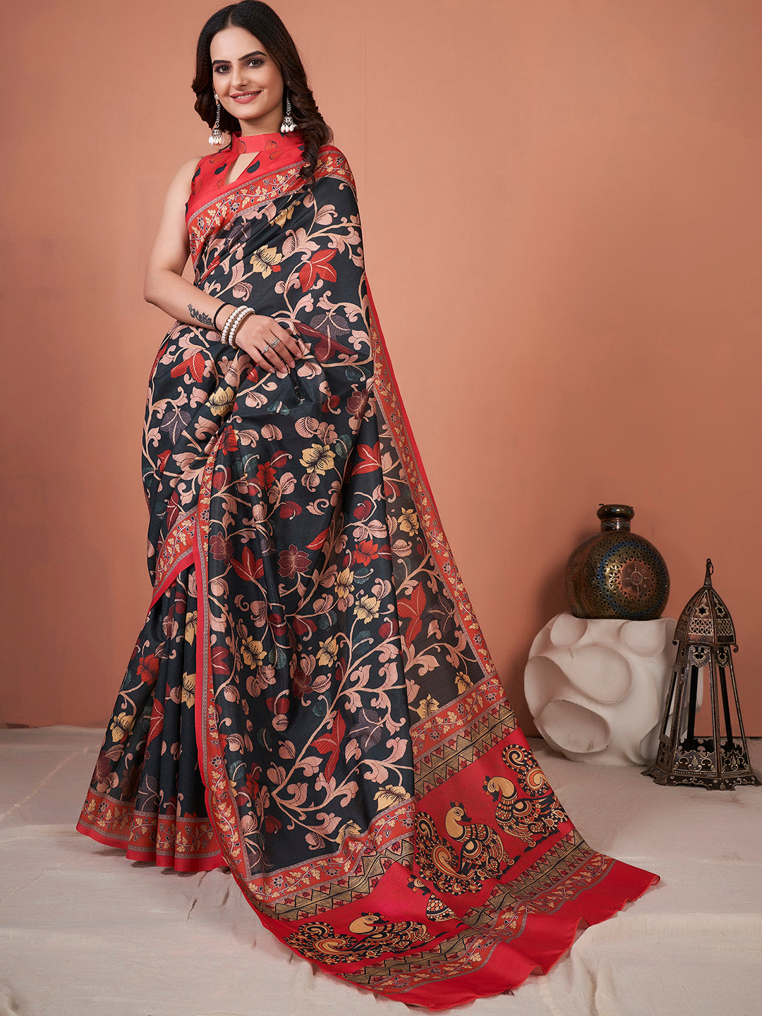 Bhagalpuri Silk Black Printed Designer Saree With Blouse