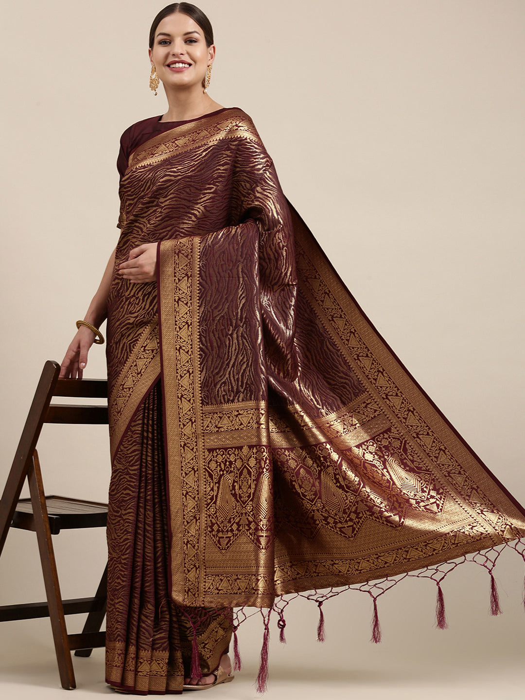 Kanjeevaram Silk Burgundy Woven Design Designer Saree With Blouse
