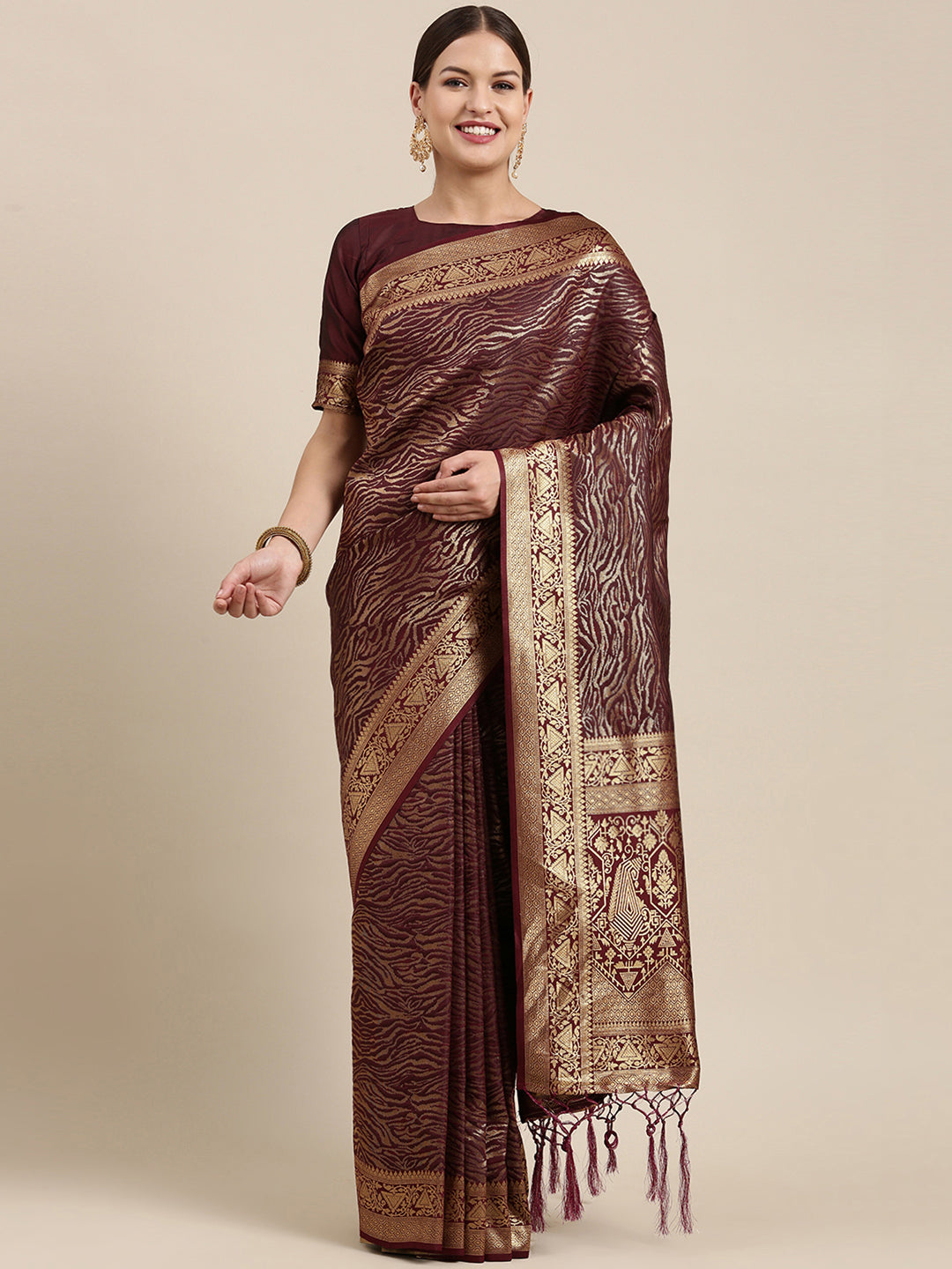 Kanjeevaram Silk Burgundy Woven Design Designer Saree With Blouse