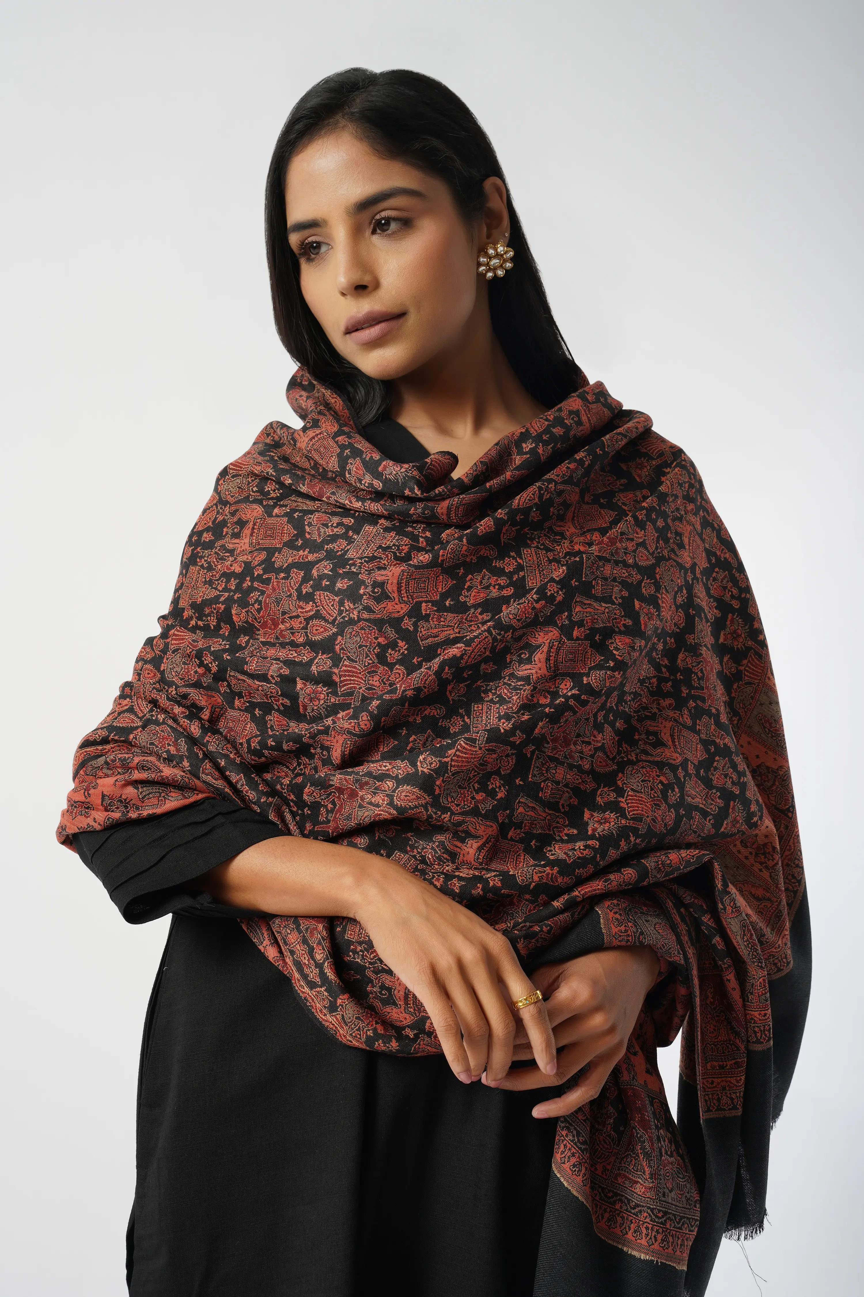 Mughal Story Woven Wool Blend Black & Red Shawl