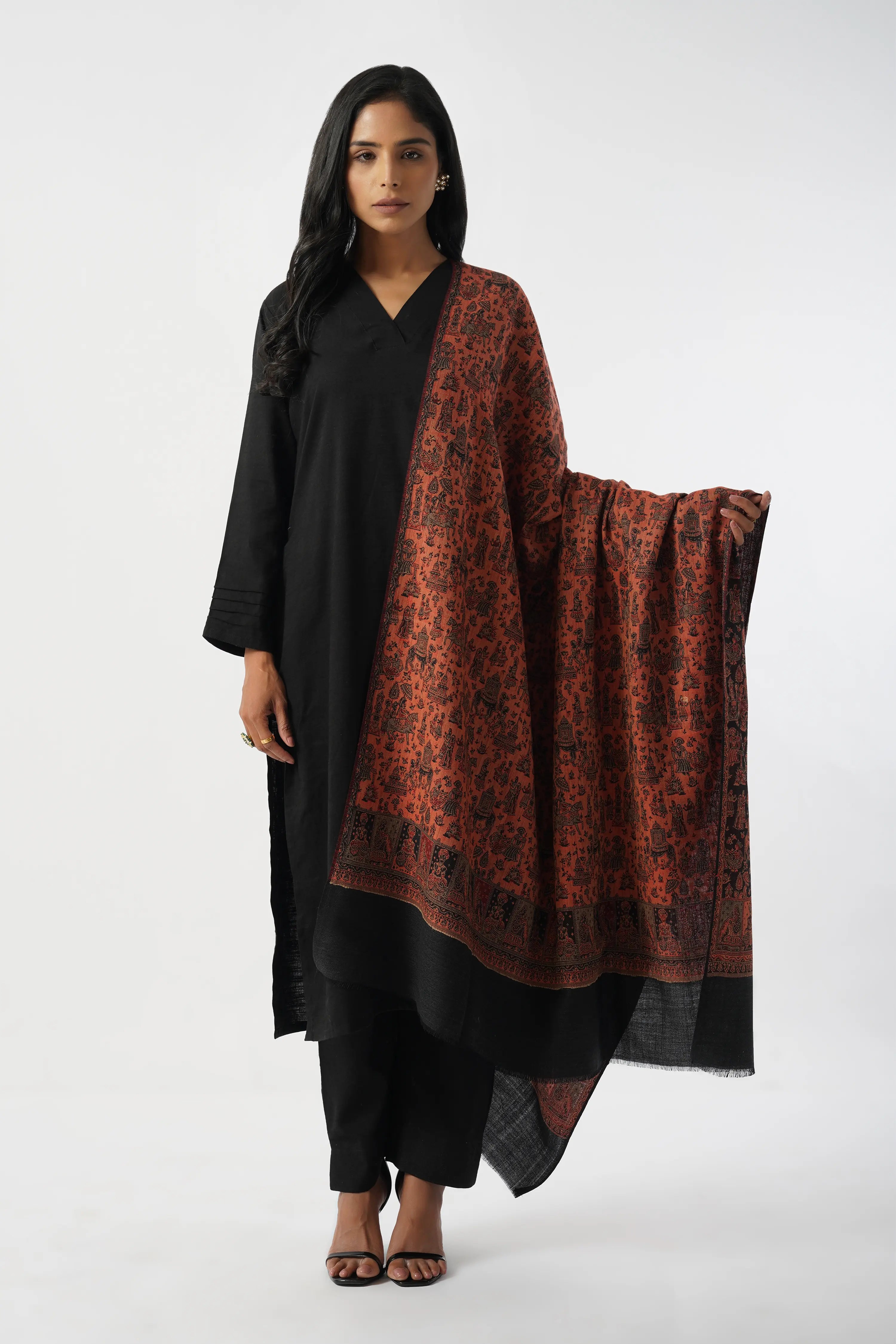 Mughal Story Woven Wool Blend Black & Red Shawl