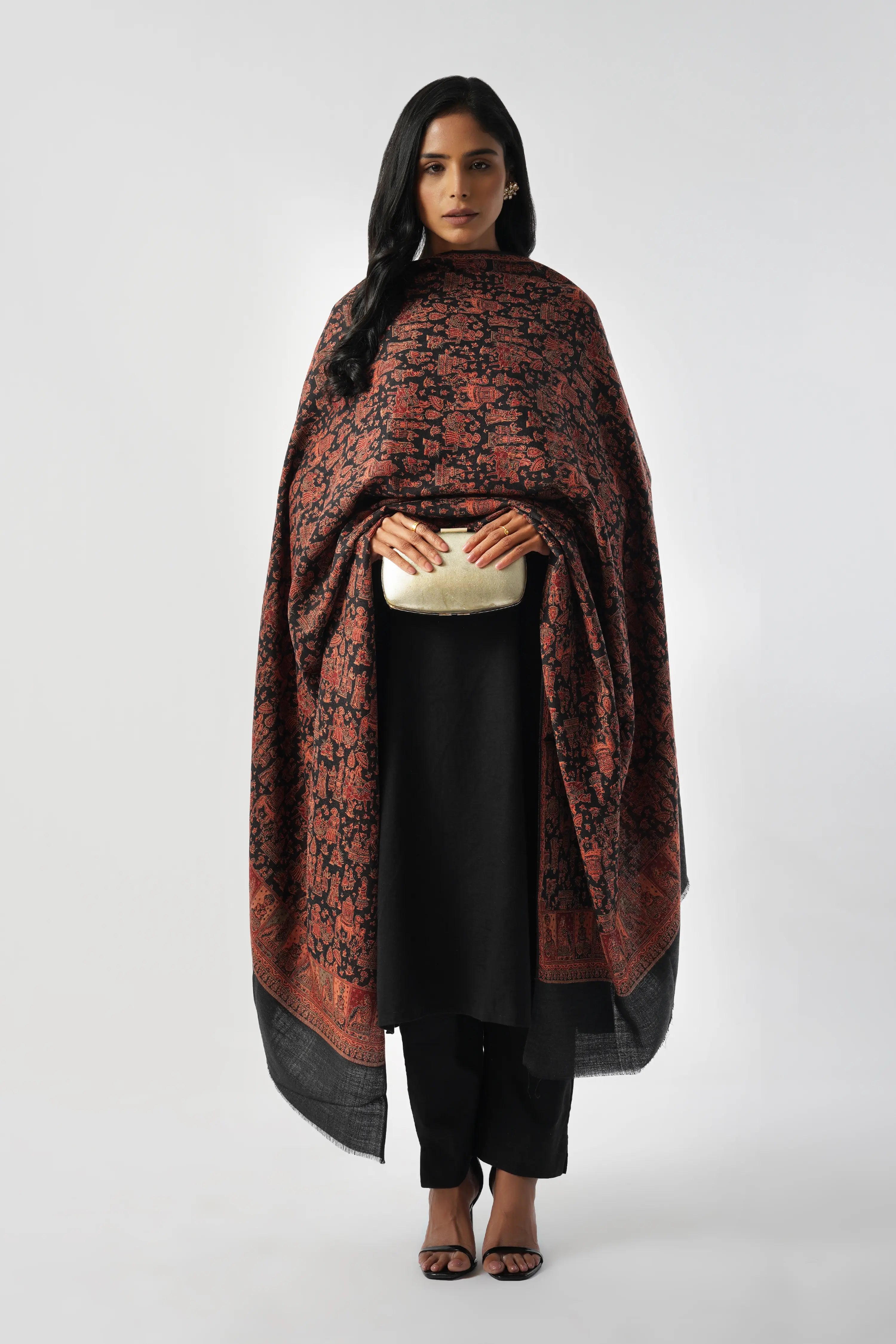 Mughal Story Woven Wool Blend Black & Red Shawl