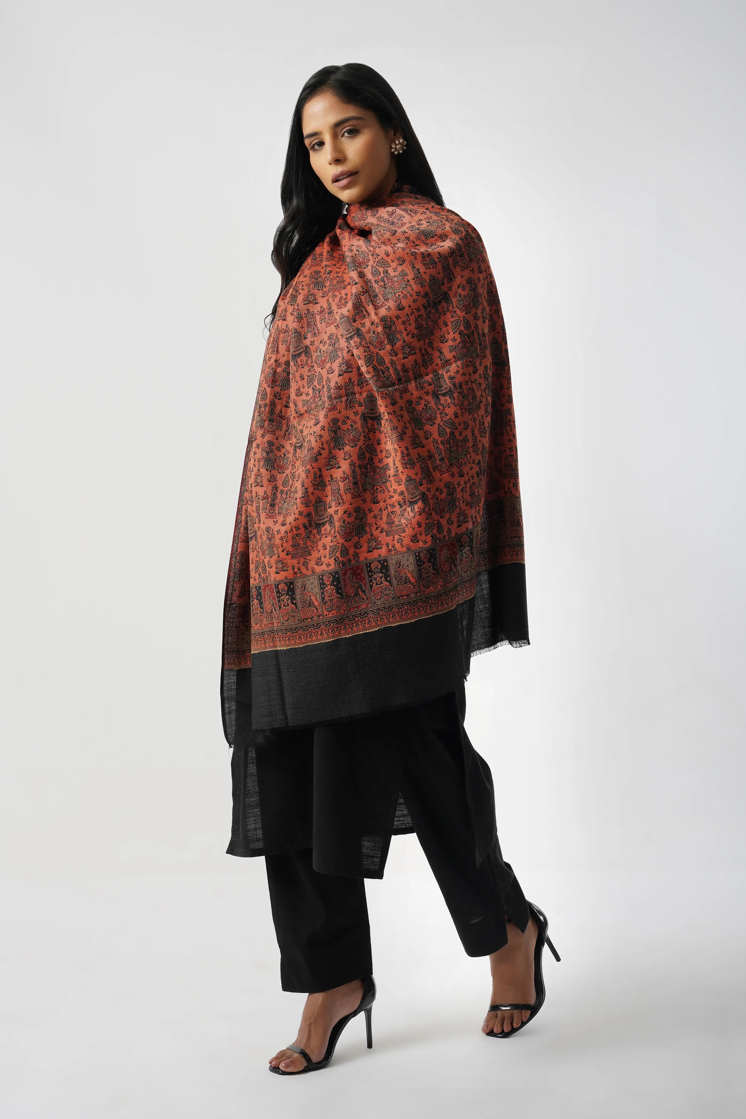 Mughal Story Woven Wool Blend Black & Red Shawl