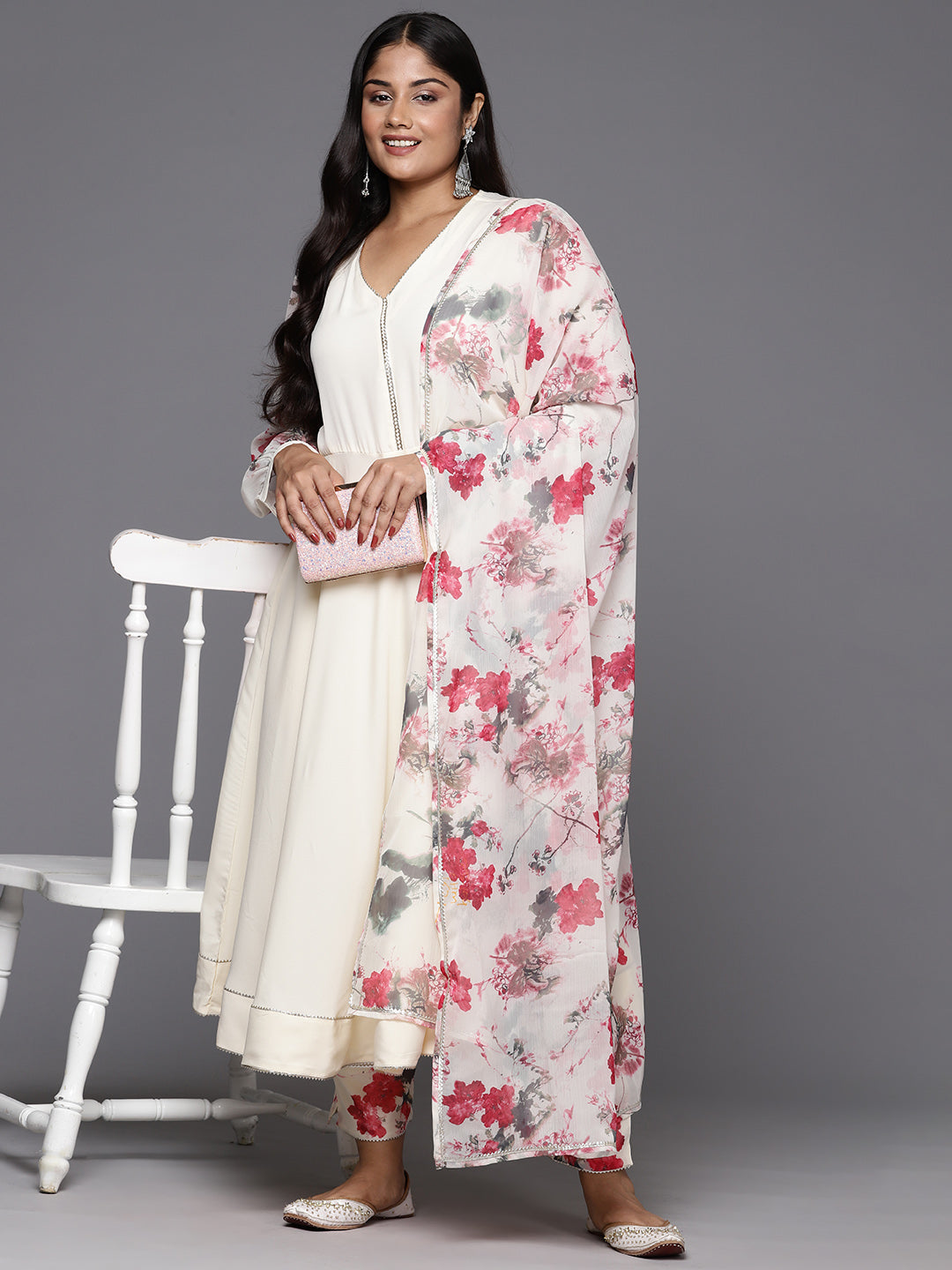 Off White Plus Size Gotta Patti Kurta with Trousers & With Printed Dupatta-AH
