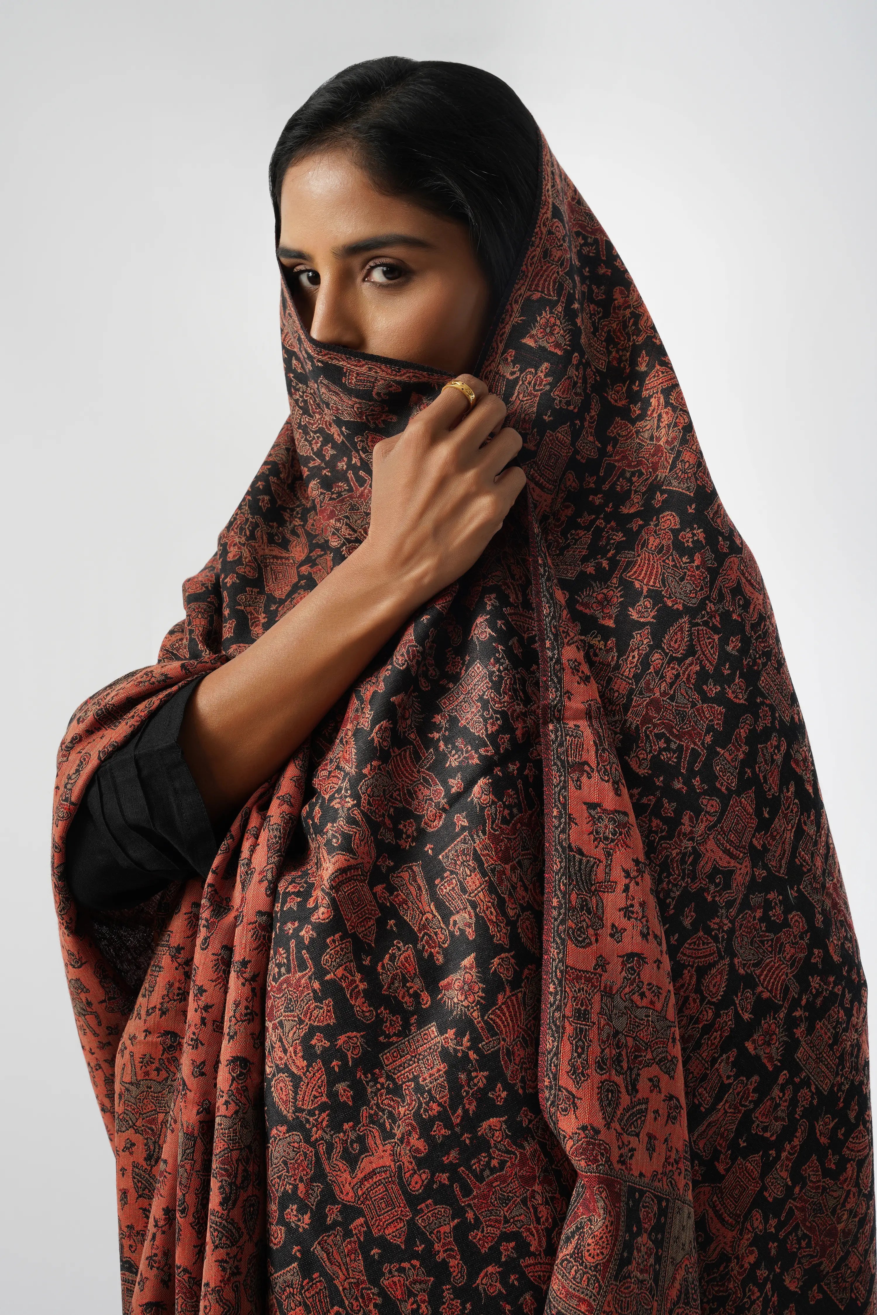 Mughal Story Woven Wool Blend Black & Red Shawl