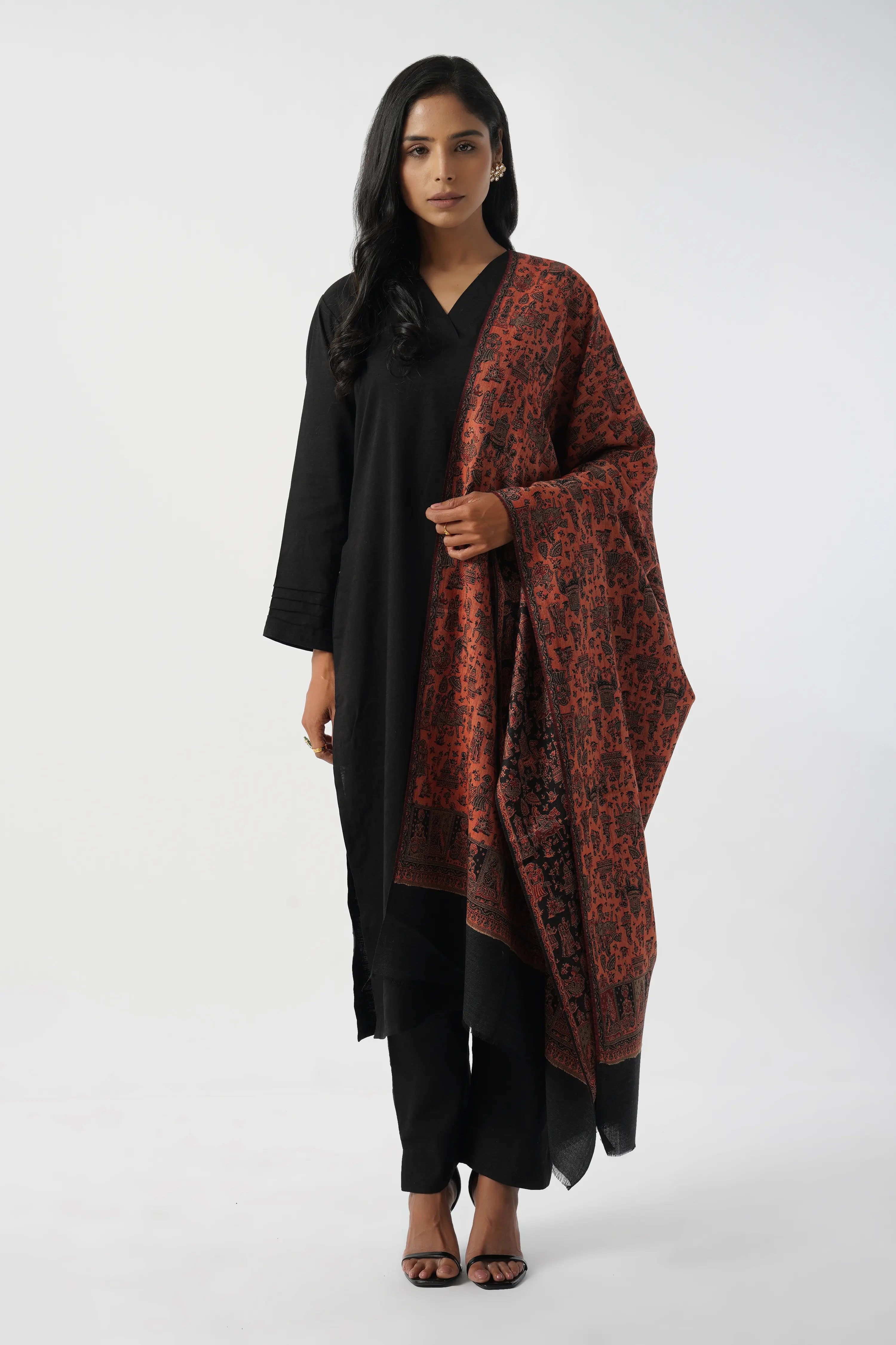 Mughal Story Woven Wool Blend Black & Red Shawl