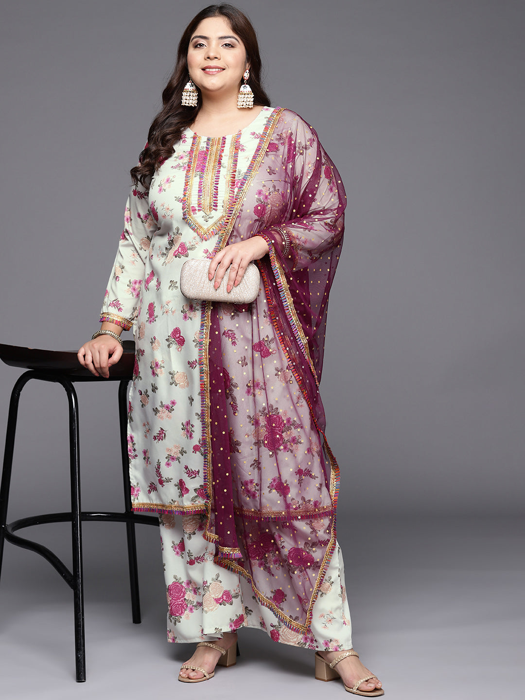 Beige Floral Printed Plus Size Kurta with Palazzos & With Dupatta