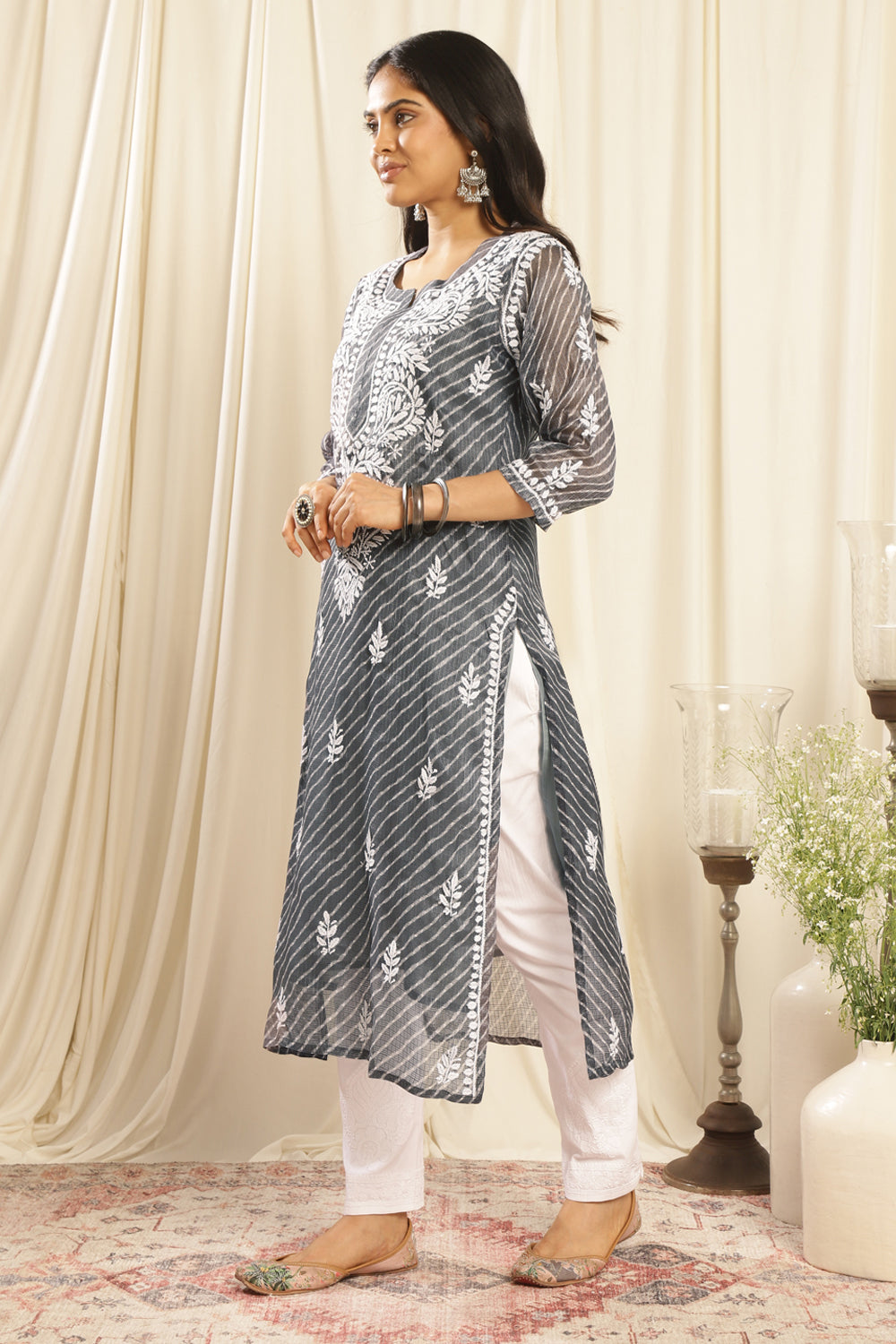 Grey Kota Doria Chikankari Kurta