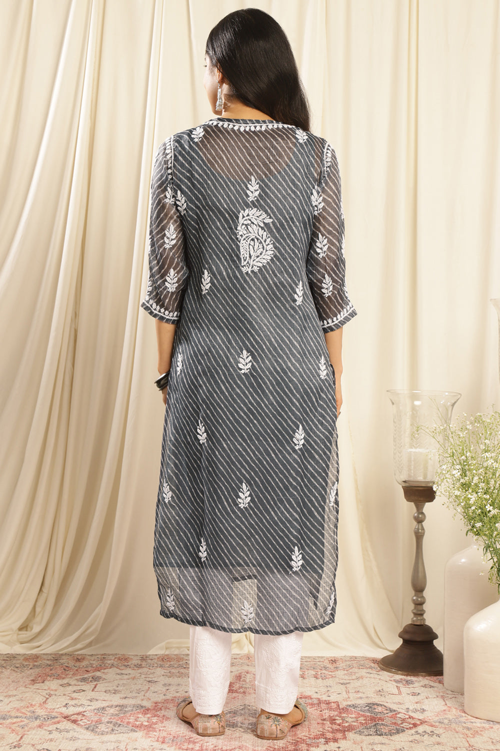 Grey Kota Doria Chikankari Kurta