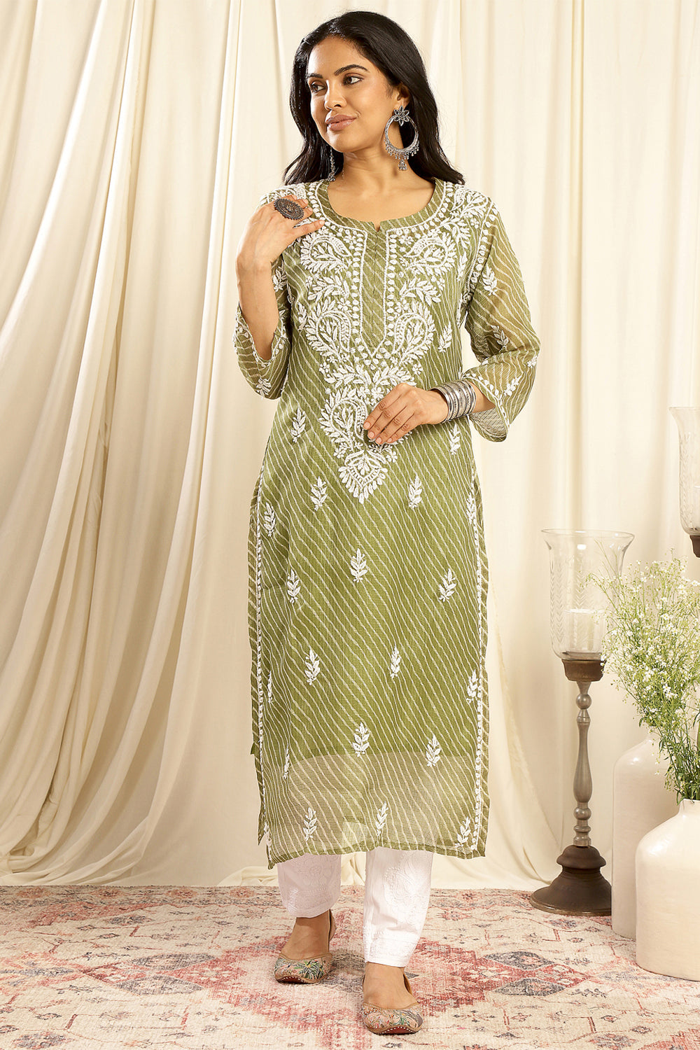 Green Kota Doria Chikankari Kurta