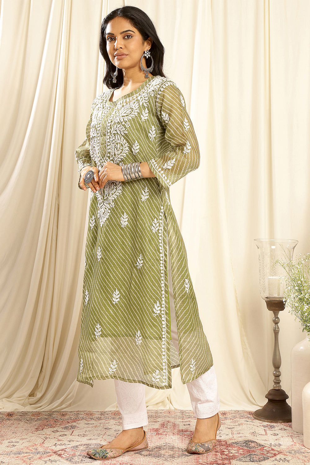 Green Kota Doria Chikankari Kurta