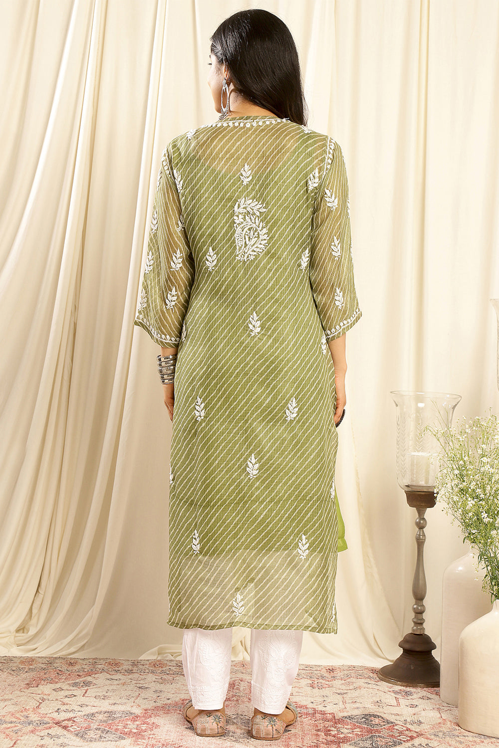 Green Kota Doria Chikankari Kurta