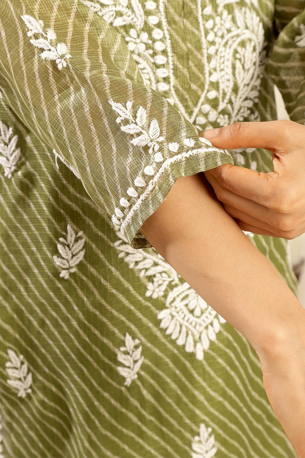 Green Kota Doria Chikankari Kurta