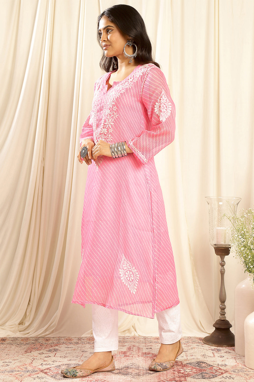 Pink Kota Doria Chikankari Kurta