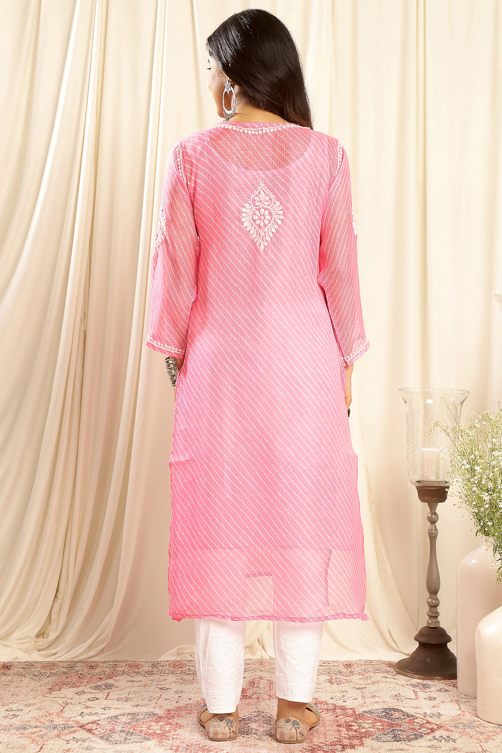 Pink Kota Doria Chikankari Kurta