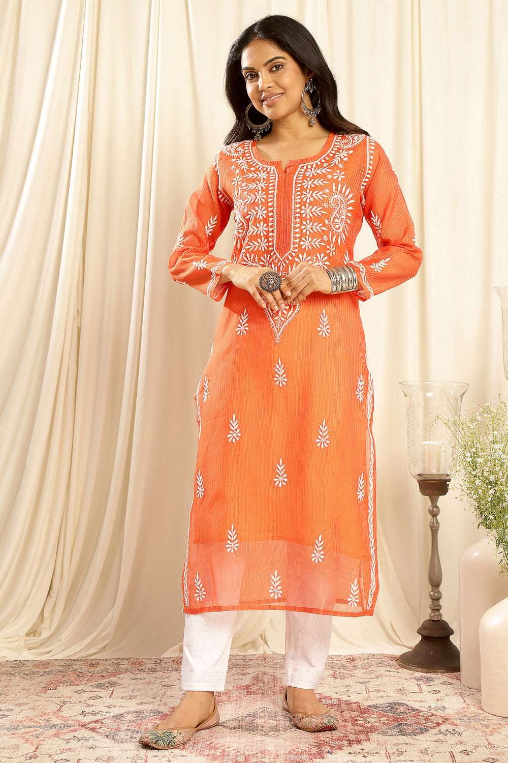 Orange Kota Doria Chikankari Kurta