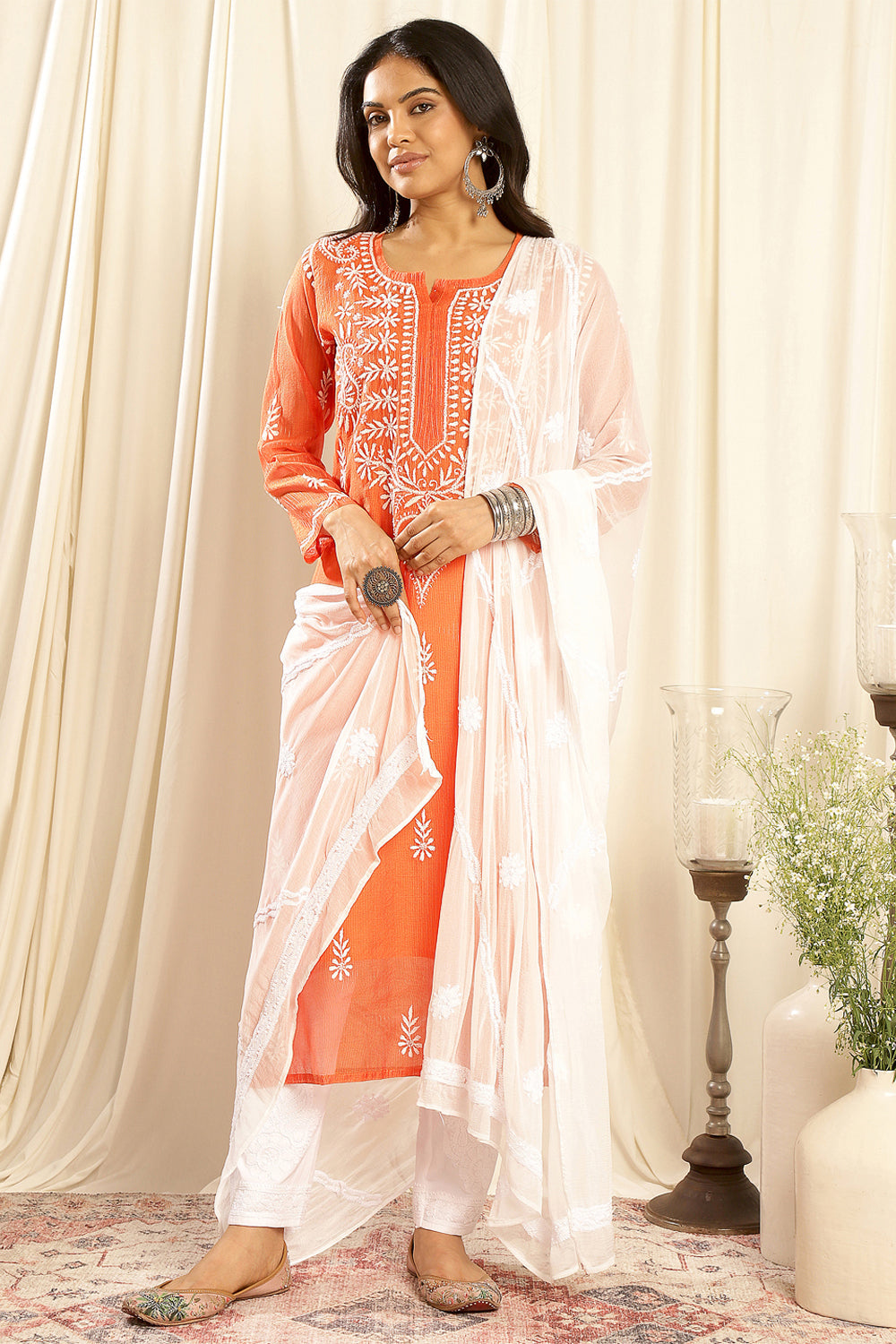 Orange Kota Doria Chikankari Kurta